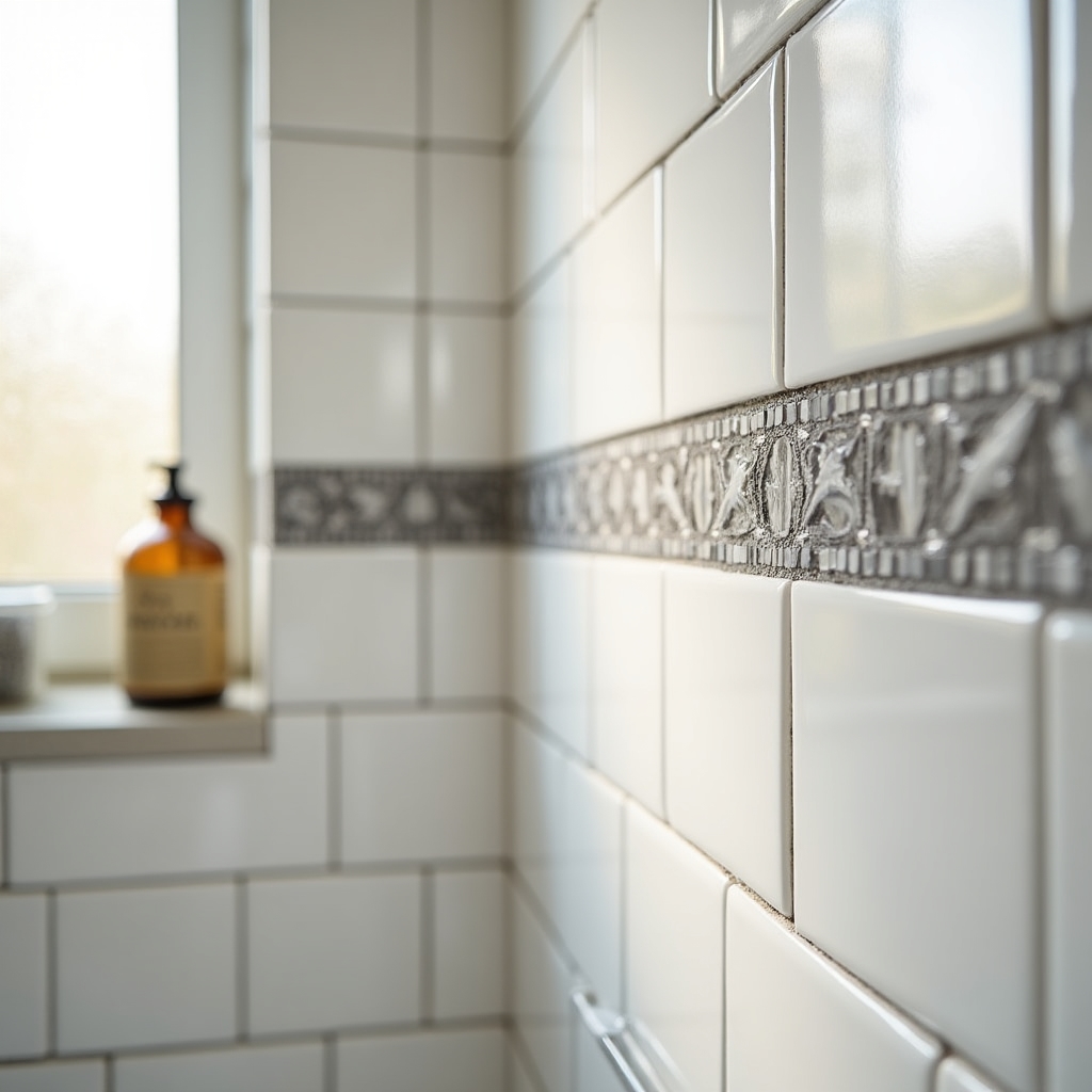 Готовая облицовка ванной комнаты белой плиткой с декоративными вставками