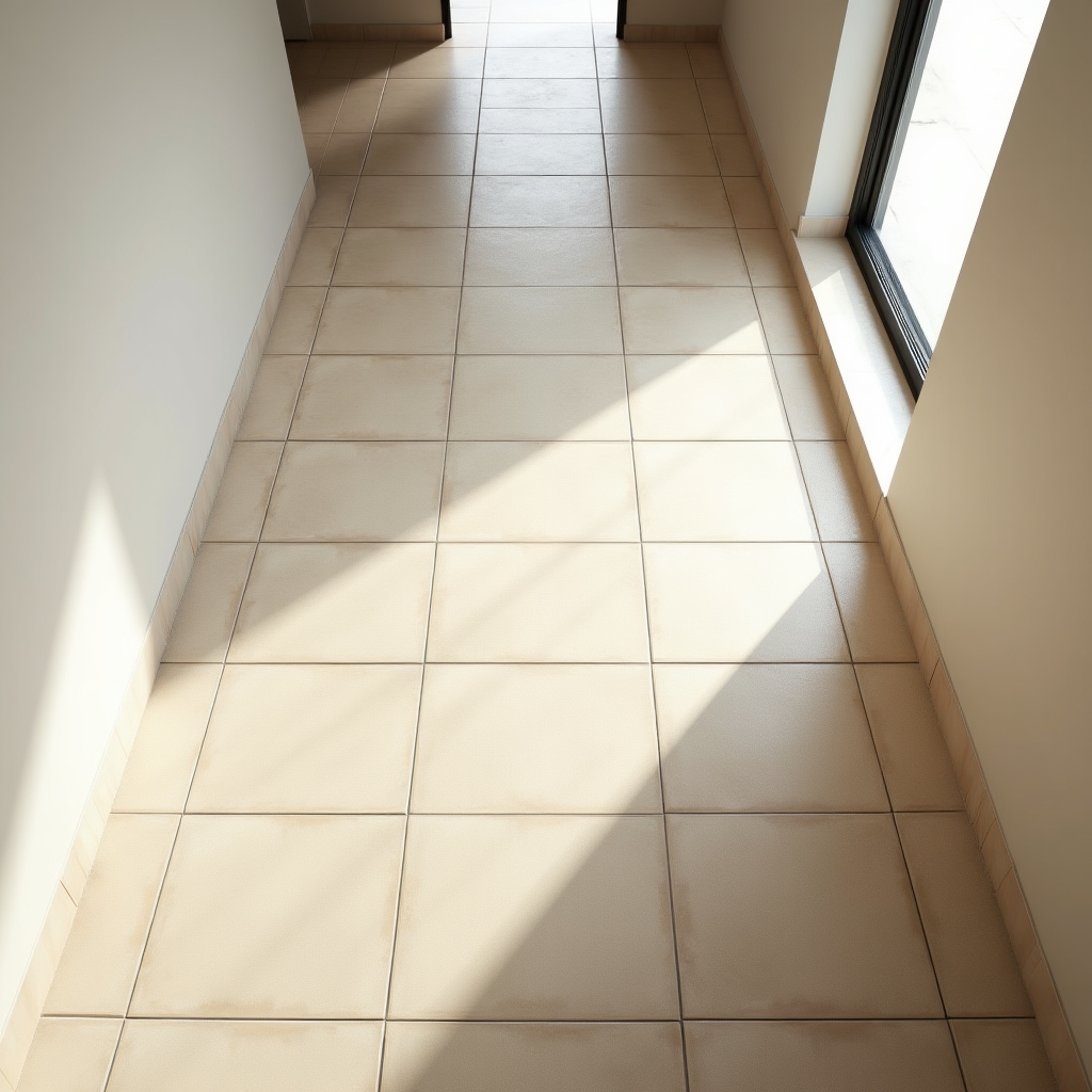 Укладка светлого керамогранита на пол в просторном коридоре, вид сверху