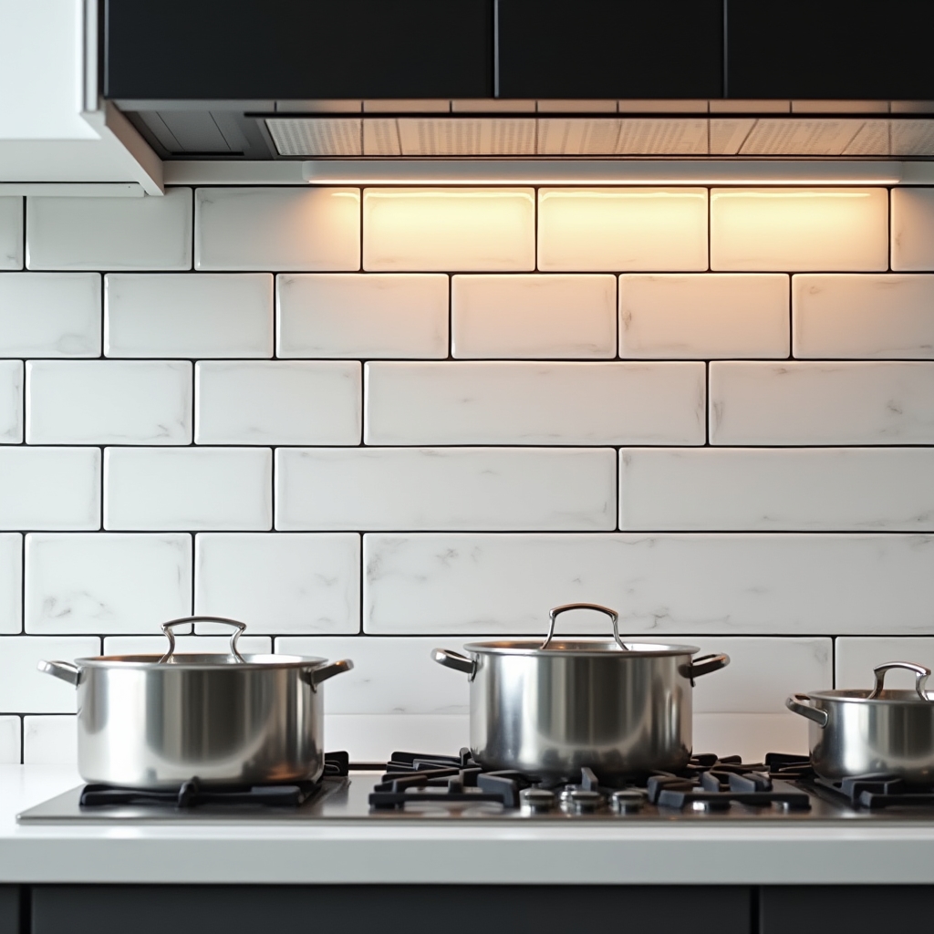 Кухонный фартук из метро-плитки белого цвета с тонкими тёмными швами