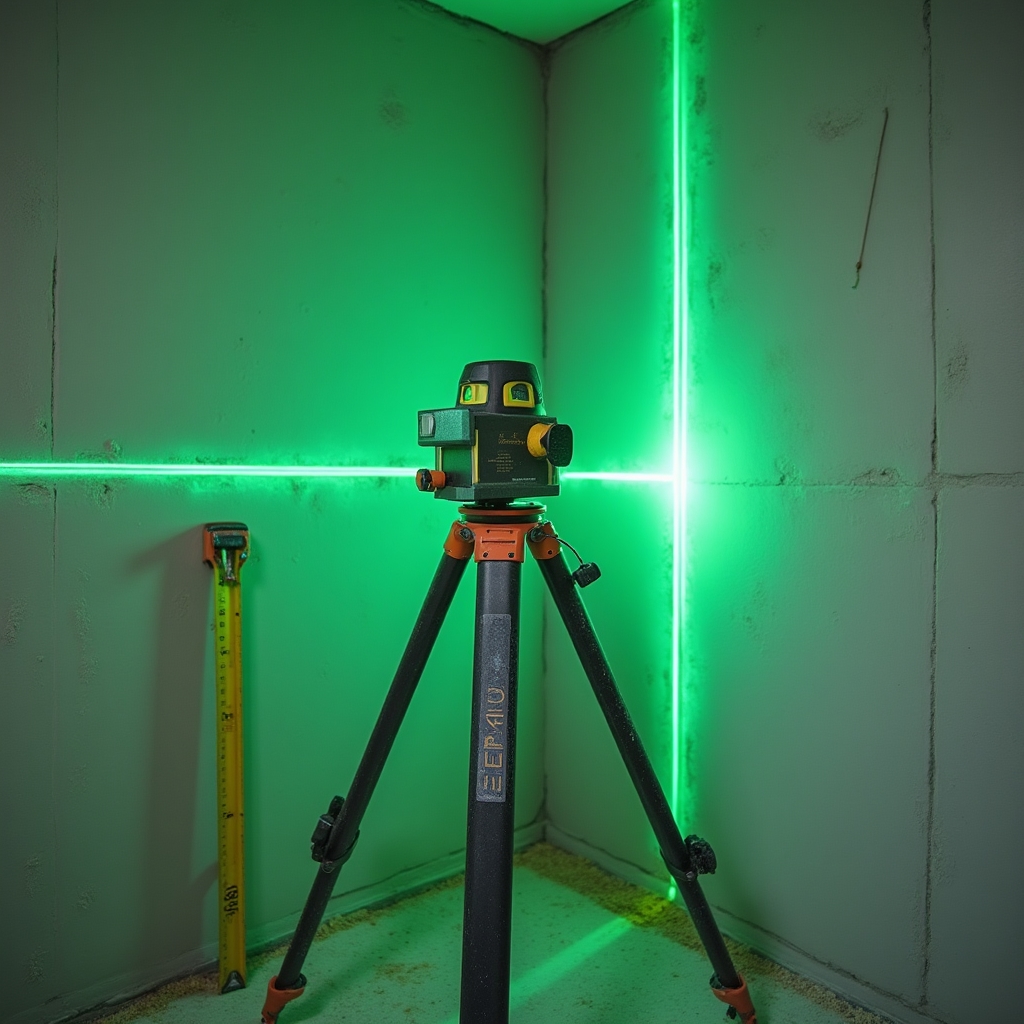 Лазерный уровень установленный в ванной комнате для разметки осей укладки плитки