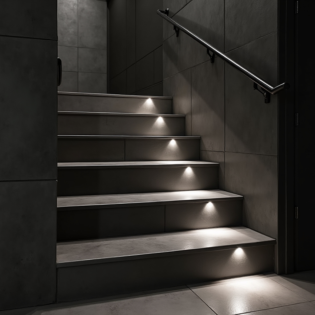 Облицованная керамогранитом лестница с металлическими противоскользящими порожками