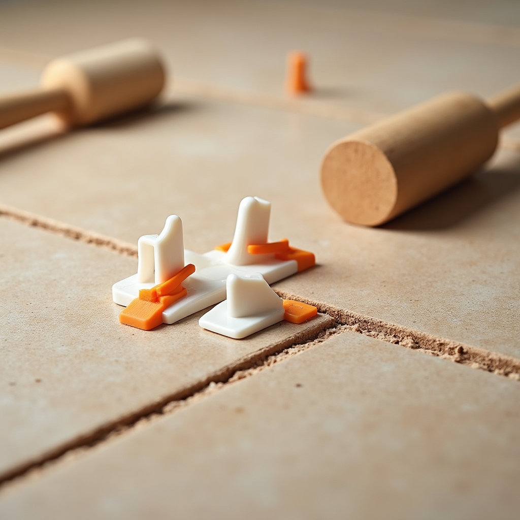 Система выравнивания плитки с крестиками и клинышками на свежеуложенном керамограните