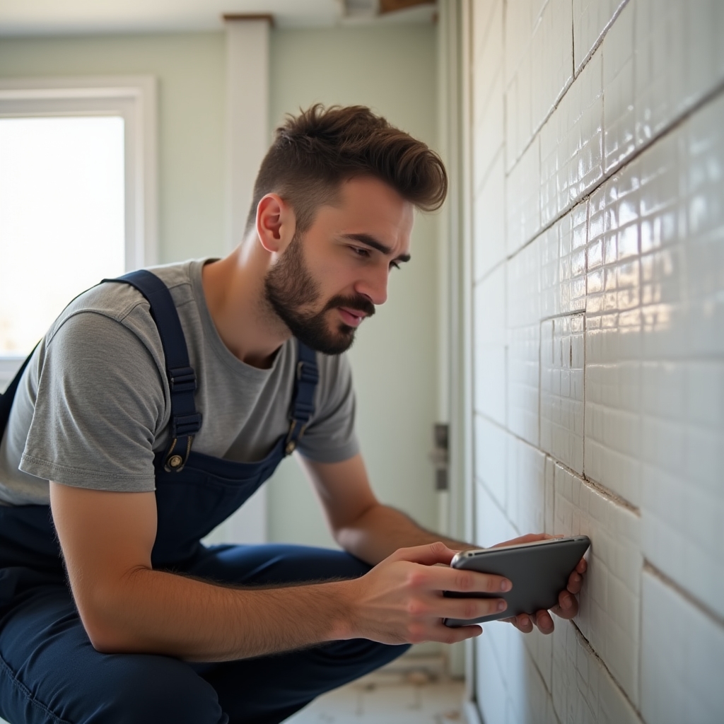 Мастер фотографирует промежуточный результат укладки плитки на смартфон