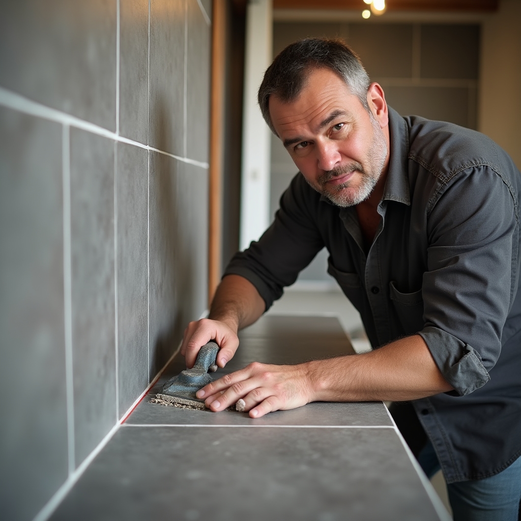 Опытный мастер-плиточник за работой, укладывает плитку в ванной комнате